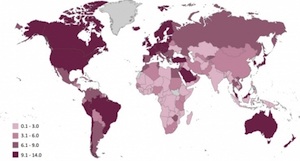 Weltkarte: Je dünkler, desto mehr